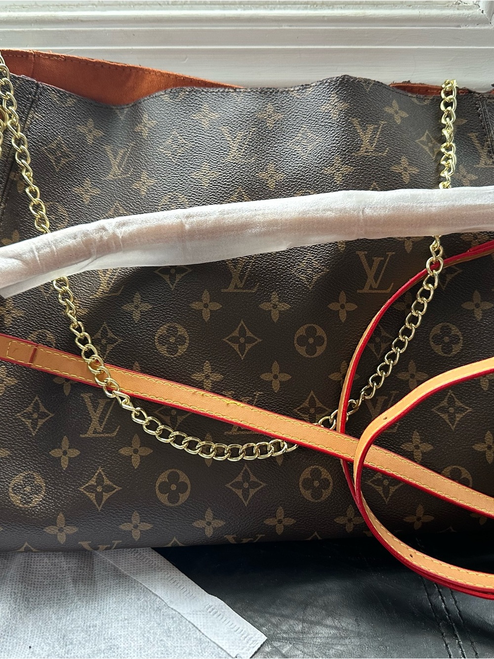 Louis Vuitton Brown Monogram Canvas Shoulder Bag with Red-Trim Strap
